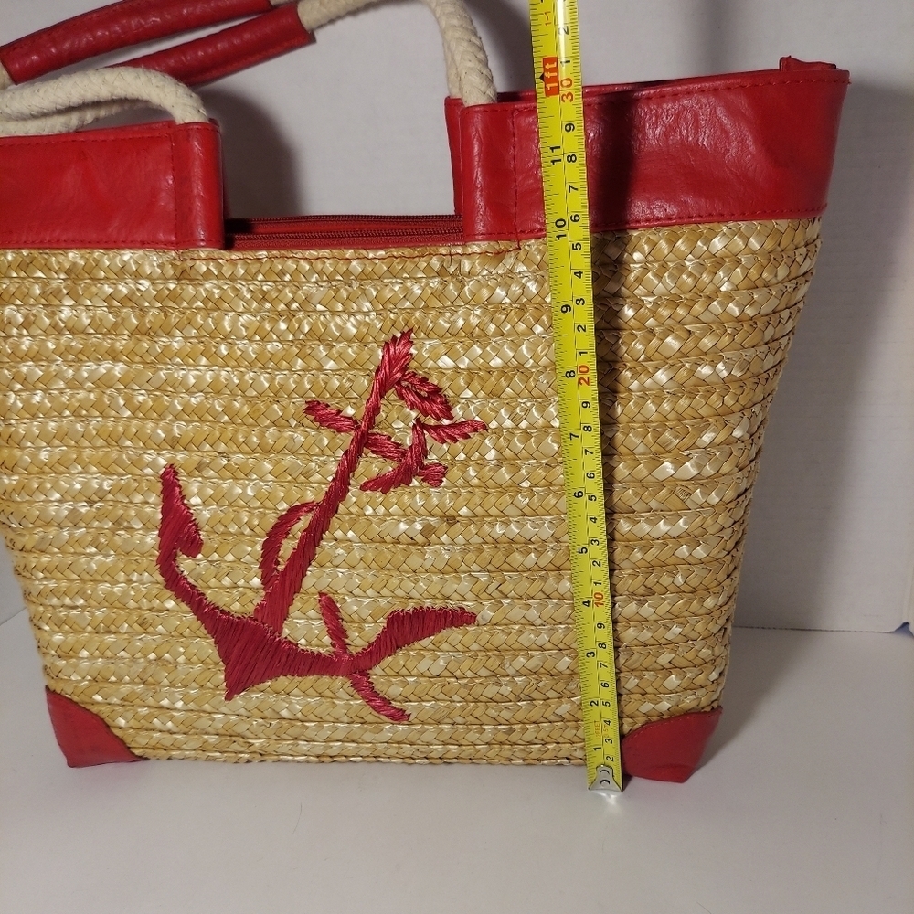 Straw Studios Bags: Tote Red Anchor Appliqué Natural Straw Nautical Beach - Picture 4 of 13